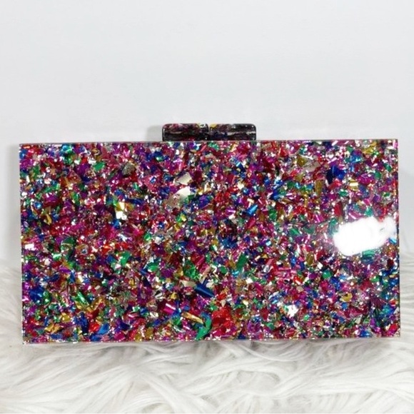 Evil Eye Acrylic Confetti Clutch Gold Chain Strap Handbag Multicolor Small - Picture 5 of 11